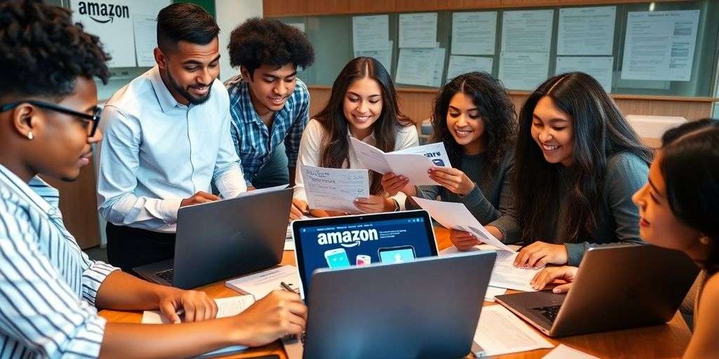 Business students studying Amazon case study together.