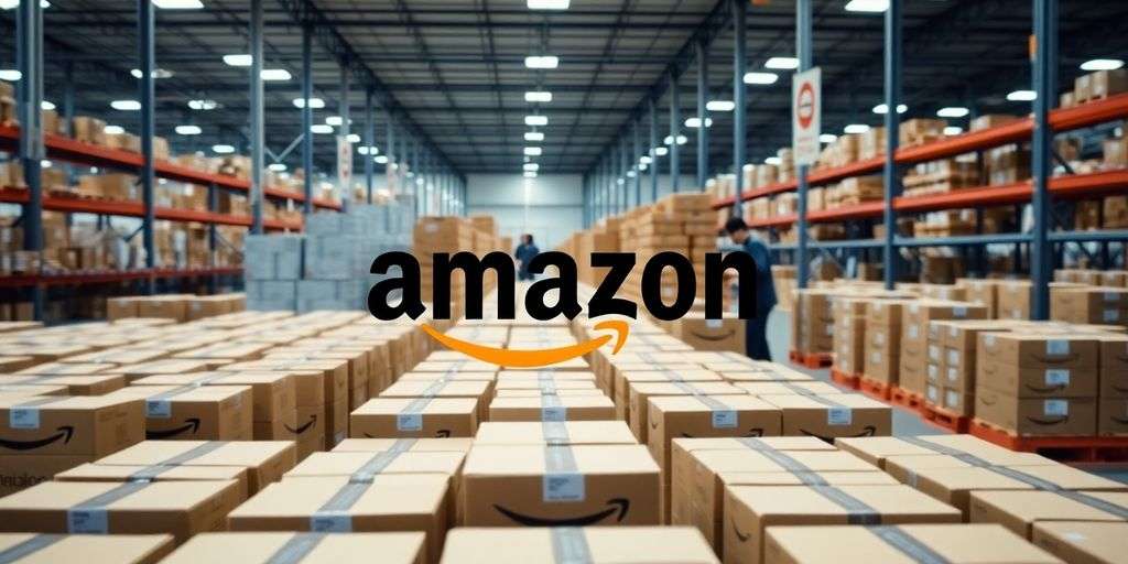 Amazon fulfillment center with organized packages and workers.