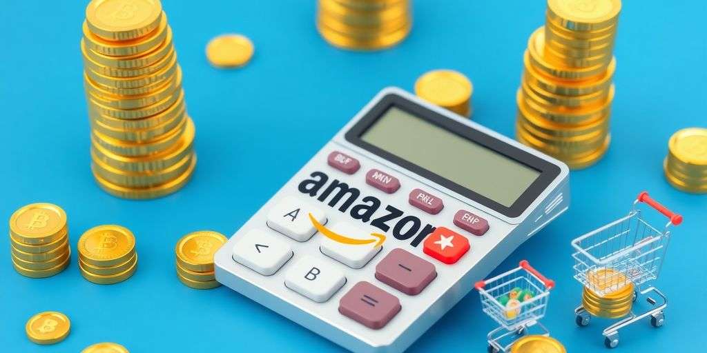 Calculator with Amazon logo and gold coins around it.